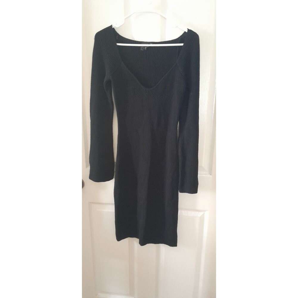 Linen And Lot Black Midi Sweater Dress Low V Neck. Small. B64